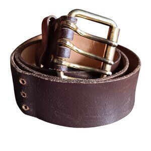 XL 42-44 Vintage Hippy Brown Leather Belt Brass Buckle Buffalo Cowhide 1970's